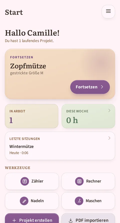 Der Startbildschirm von Rowtine: Die Kachel Fortsetzen führt zurück zum letzten Projekt, mit den laufenden Projekten, der Zeit der Woche und dem ausgegebenen Budget.
