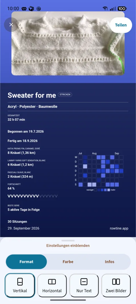 Teilen des Abzeichens von „Sweater for me“: das Foto des Pullovers, Acryl · Polyester · Baumwolle, 32 h 07 min, drei Garne mit Farbton, darunter 8 Knäuel (1,36 km), Fortschritt 64 %, 30 Sitzungen