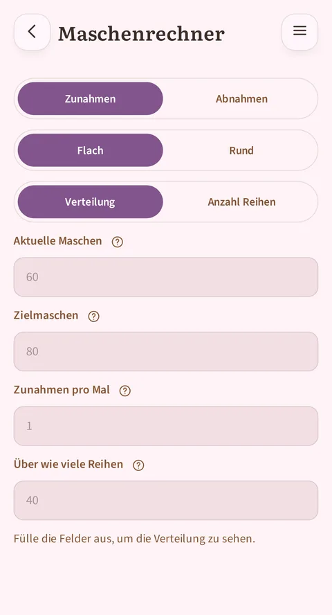 Der Maschenrechner von Rowtine: Zunahmen oder Abnahmen über eine Anzahl Reihen verteilen, flach oder in Runden.