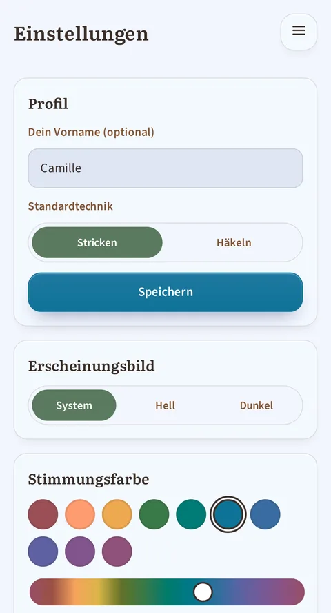 Die Einstellungen von Rowtine: die Karte Profil, mit deinem als optional gekennzeichneten Vornamen und der Standardtechnik zwischen Stricken und Häkeln, darunter Erscheinungsbild, Sprache sowie Einheiten und Währung.