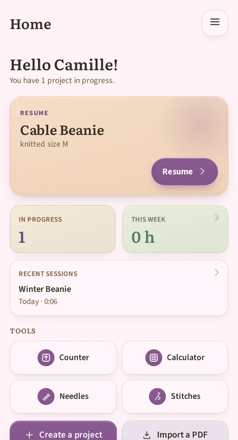 Rowtine's home screen: the Resume tile takes you back to your last project, with projects in progress, the week's time and the money spent.