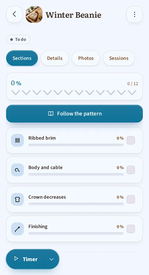 Rowtine's project page for the Winter Beanie, in the light theme: pale blue background, the To do badge, the Sections, Details, Gallery and Sessions tabs, progress at 0 of 12, the Follow the pattern button, then the four sections, from ribbed brim to finishing.