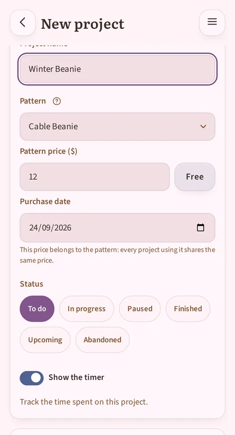 The New project form on Winter Beanie: under the Cable Beanie pattern, Pattern price ($) reads 12 next to the Free button, Purchase date holds 24/09/2026, Status sits on To do and the Show the timer switch is on