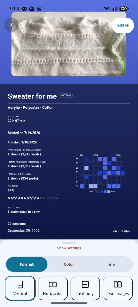 Badge sharing screen for "Sweater for me": the sweater photo, Acrylic · Polyester · Cotton, 32 h 07 min, three yarns with their colorway, including 8 skeins (1,487 yards), progress 64%, 30 sessions