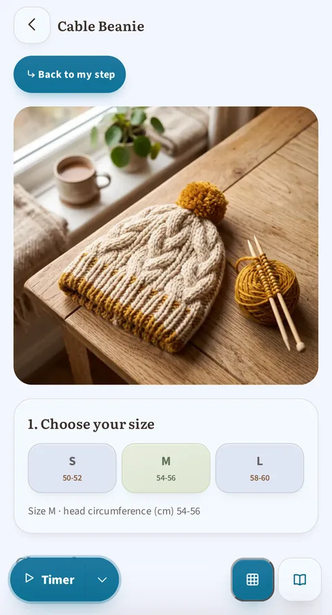 Cable Beanie in the reader: "Back to my step", then the cover, a cabled hat with a pompom on a wooden table, and "1. Choose your size", with M 54-56 picked, and the timer at the bottom