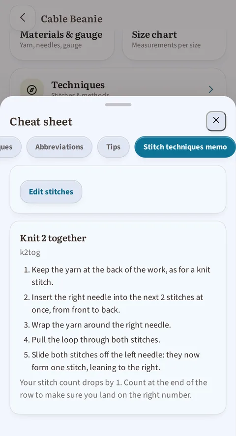 The cheat sheet on the Stitch techniques memo tab, after Abbreviations and Tips: the Edit stitches button at the top, then the Knit 2 together card, k2tog, with its five steps and its tip