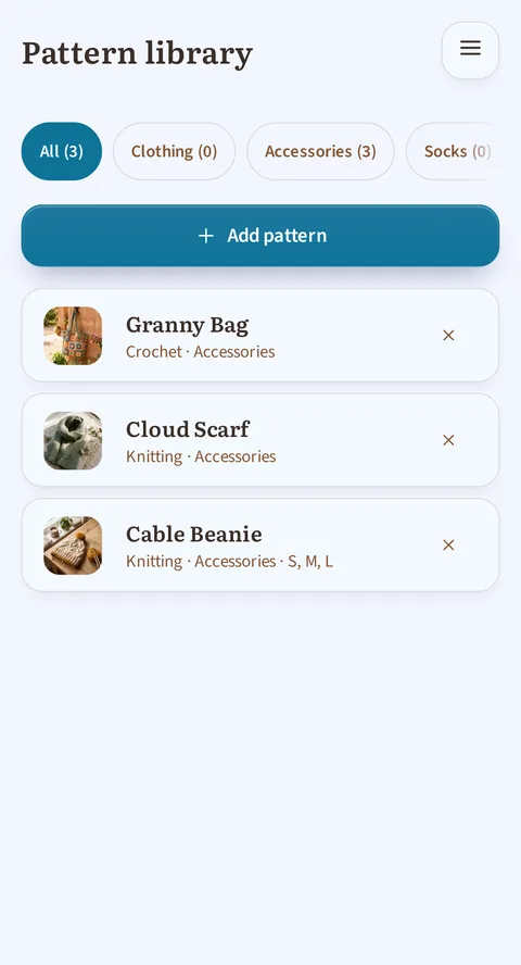 Rowtine's pattern library: the All, Clothing and Accessories filters, the Add pattern button, then Granny Bag, Cloud Scarf and Cable Beanie, the last one with its S, M, L sizes.