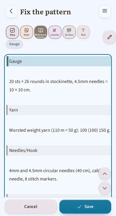 The “Fix the pattern” screen in Rowtine: the category bar, with Reference, Counter and Section, then the Gauge, Yarn and Needles/Hook blocks inside one outline, and the Cancel and Save buttons.