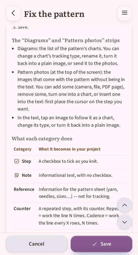 In the unfolded help, the section The “Diagrams” and “Pattern photos” strips describes each strip, the photos one sitting at the top of the screen, then the Category / What it becomes table begins