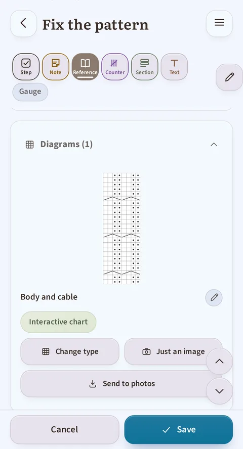Under the category bar, the unfolded Diagrams (1) strip shows the Body and cable chart, its state Interactive chart, and the buttons Change type, Just an image and Send to photos