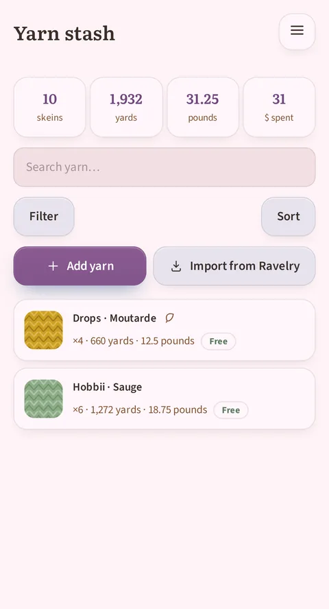 Rowtine's yarn stash: totals in skeins, length, weight and value, then one card per yarn with its status, free or reserved.