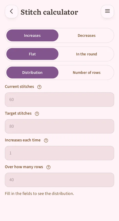 Rowtine's stitch calculator: spreading increases or decreases over a number of rows, flat or in the round.
