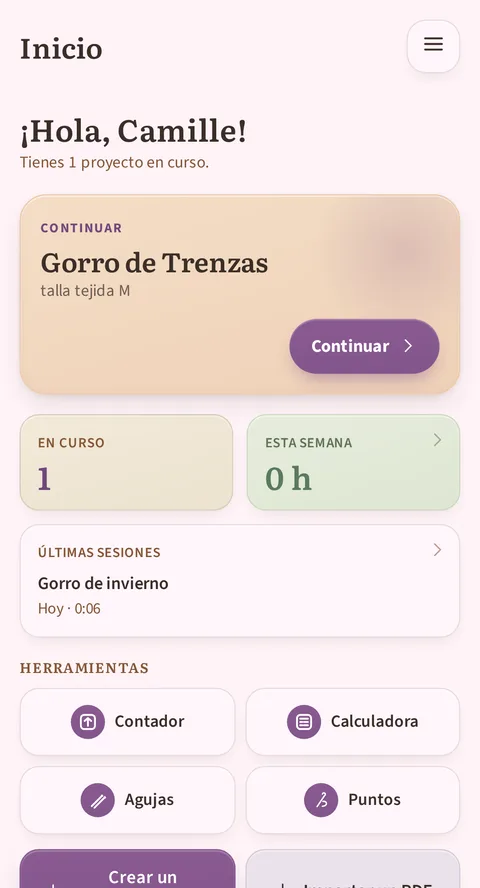 La pantalla de inicio de Rowtine: la ficha Continuar vuelve al último proyecto, con los proyectos en curso, el tiempo de la semana y el presupuesto gastado.