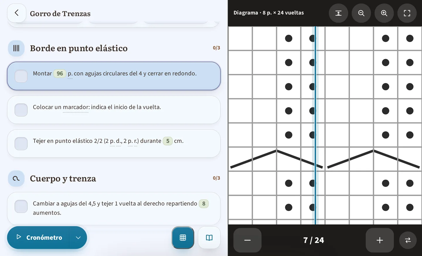 El lector en dos paneles en tableta: a la izquierda el Gorro de Trenzas, su sección Borde en punto elástico al 0/3 y Montar 96 p. con agujas circulares del 4; a la derecha Diagrama · 8 p. × 24 vueltas, en la vuelta 7 de 24.