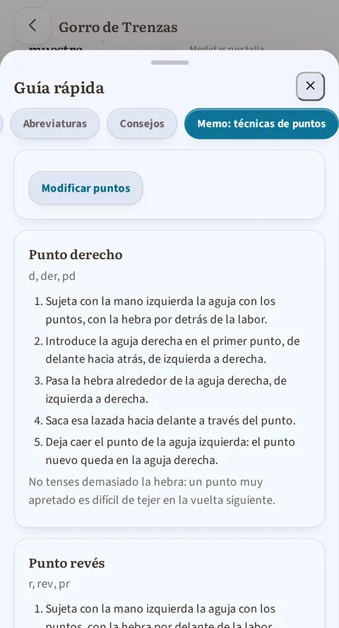 La guía rápida en la pestaña Memo: técnicas de puntos, tras Abreviaturas y Consejos: arriba el botón Modificar puntos, luego la ficha Punto derecho, d, der, pd, con sus cinco pasos y su truco