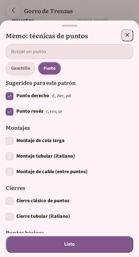 El selector Memo: técnicas de puntos en la pestaña Punto: el campo Buscar un punto, Sugeridos para este patrón con Punto derecho y Punto revés marcados, luego Montajes, Cierres y el botón Listo