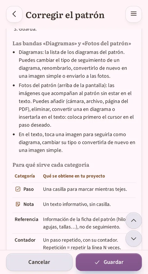 En la ayuda desplegada, la sección Las bandas «Diagramas» y «Fotos del patrón» describe cada banda, la de fotos arriba, y después empieza la tabla Categoría / Qué se obtiene en tu proyecto