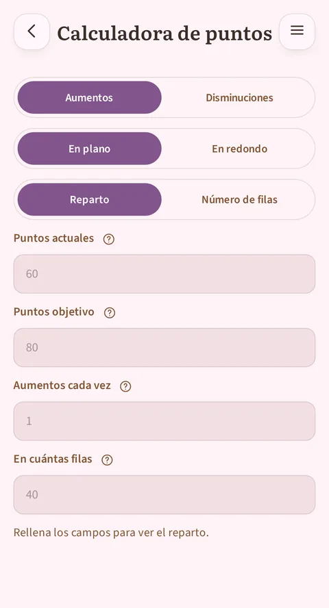 La calculadora de puntos de Rowtine: repartir aumentos o disminuciones a lo largo de un número de filas, en plano o en redondo.