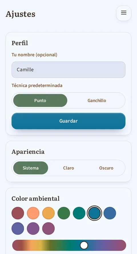 Los ajustes de Rowtine: la tarjeta Perfil, con tu nombre marcado como opcional y la técnica predeterminada entre punto y ganchillo, y después la apariencia, el idioma, y las unidades y la divisa.