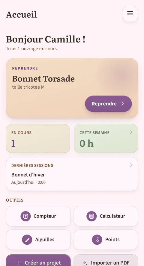 L'accueil de Rowtine : la tuile Reprendre ramène au dernier ouvrage, avec les projets en cours, le temps de la semaine et le budget dépensé.