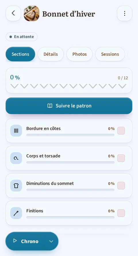 La fiche du projet « Bonnet d'hiver » dans Rowtine, sur l'onglet Sections : le badge En attente, l'avancement à 0 sur 12, le bouton Suivre le patron, puis les quatre sections, de la bordure en côtes aux finitions.