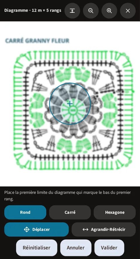Le même assistant de calage granny, la limite déclarée ronde cette fois : la loupe ronde, marquée de la même croix, cerne la fleur centrale du carré aux points flous, les boutons Rond, Carré et Hexagone (Rond activé), puis Déplacer, activé lui aussi, Agrandir·Rétrécir, et en bas Réinitialiser, Annuler et Valider