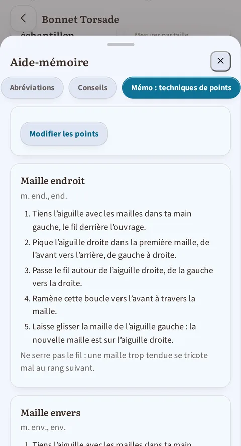 L'aide-mémoire sur l'onglet Mémo : techniques de points, après Abréviations et Conseils : le bouton Modifier les points en tête, puis la fiche Maille endroit, m. end., ses cinq étapes et son astuce