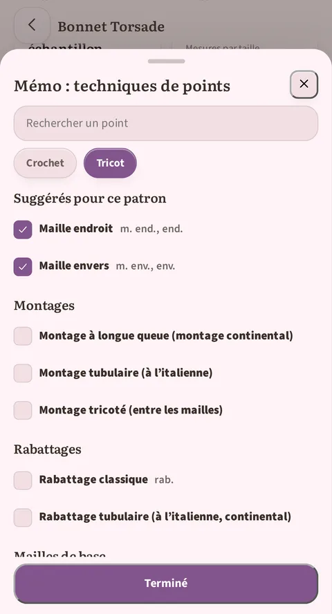 Le sélecteur Mémo : techniques de points, onglet Tricot : le champ Rechercher un point, Suggérés pour ce patron avec Maille endroit et Maille envers cochées, Montages, Rabattages, et le bouton Terminé