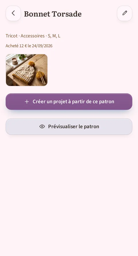 Bonnet Torsade, sous-titré Tricot · Accessoires · S, M, L, puis la ligne Acheté 12 € le 24/09/2026 et une photo du bonnet torsadé posé sur une planche de bois, un crayon de modification en haut à droite, et les deux boutons Créer un projet à partir de ce patron et Prévisualiser le patron