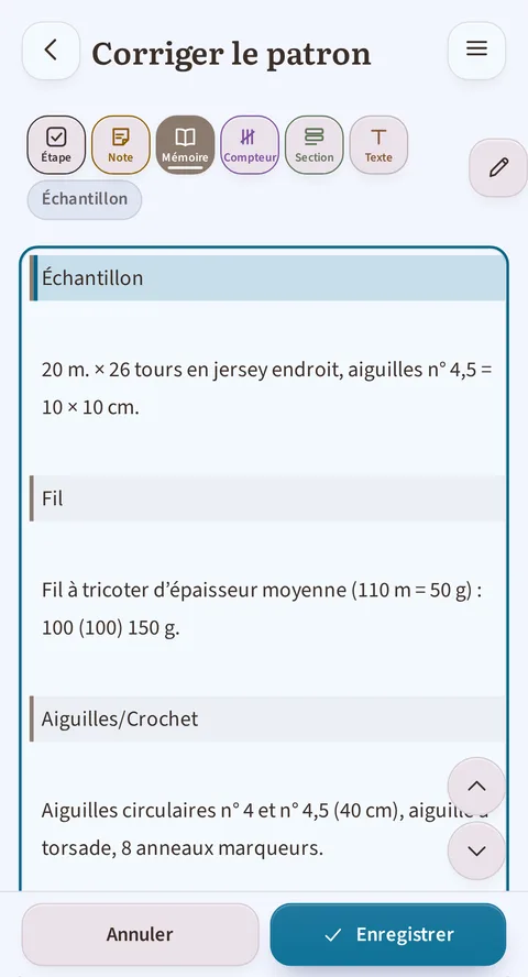 L’écran « Corriger le patron » de Rowtine : la barre des catégories, avec Aide mémoire, Compteur et Section, puis les blocs Échantillon, Fil et Aiguilles/Crochet cernés d’un trait, et les boutons Annuler et Enregistrer.