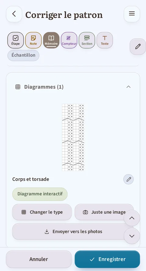 Sous la barre de catégories, la bande Diagrammes (1) dépliée montre Corps et torsade, son état Diagramme interactif et les boutons Changer le type, Juste une image et Envoyer vers les photos