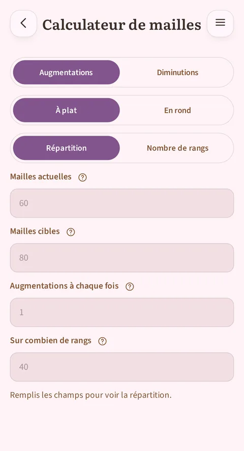 Le calculateur de mailles de Rowtine : répartir des augmentations ou des diminutions sur un nombre de rangs, à plat ou en rond.